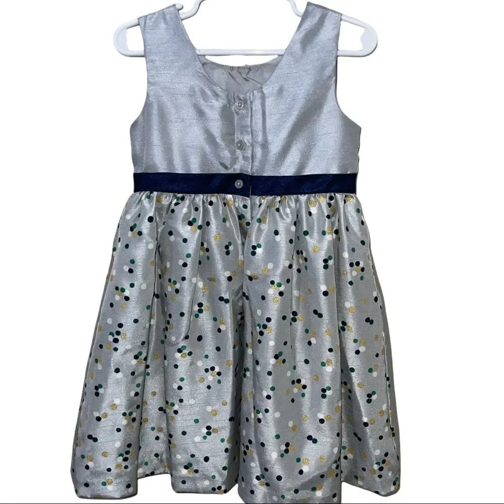 Gymboree Silver & Polka Dot Dress with Belt‎ & Bow Accents